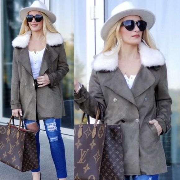 Olive Suede Mini Trench Coat - Picture 2 of 5